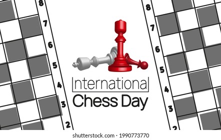 International Chess Day banner template. Vector illustration of Chess Pieces King, Queen and Bishop near Chess board.