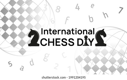 International Chess day banner template. Two Horse Pieces between Congratulation words