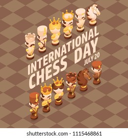 International Chess Day card. Isometric cartoon chess pieces King, Queen, Bishop, Rook, Pawn, Knight.  Cute chessman on checkered background. Vector flat illustration. July 20. Holiday 
 poster. 