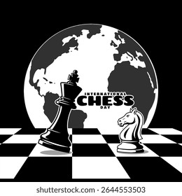 International Chess Day to celebrate on July 20th. Black chess king with white knight on chessboard with globe background on black background. Sport event banner.