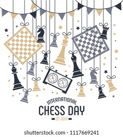 International chess day is celebrated annually on July 20, chess pieces Board and clock. Postcard.