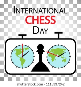 International Chess Day congratulatory card is a chess clock, planet Earth and chess pawn. Vector illustration