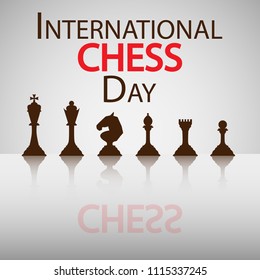 International Chess Day congratulatory card chess pieces with reflection. Vector illustration