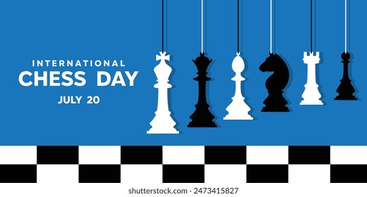 International Chess Day. Great for cards, banners, posters, social media and more. Blue background. 