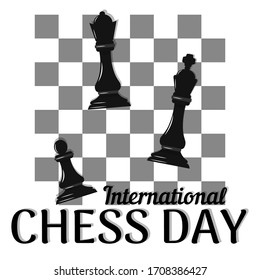 International chess day greeting with chess figures and chessboard as background stock vector illustration. Graphic stylish, elegant, decoration. Banner, template, card design.