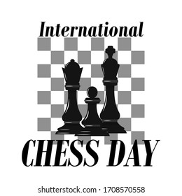 International chess day greeting with chess figures and chessboard as background stock vector illustration. Graphic stylish, elegant, decoration. Banner, template, card design.