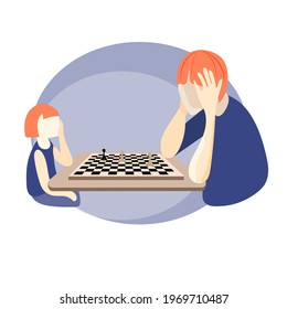 International chess day. Illustration in a flat style. The concept of games with children. Father with a child. Chess game. Father's day. Father and daughter. Mind games.