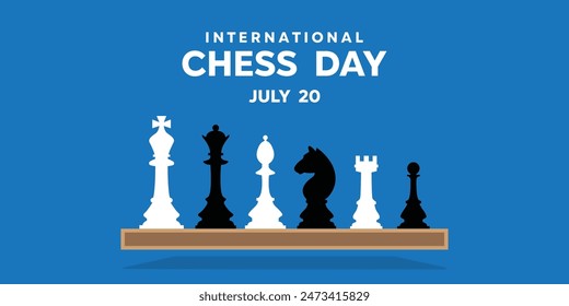 International Chess Day. King, queen and more. Great for cards, banners, posters, social media and more. Blue background. 