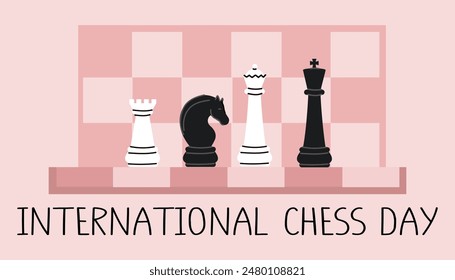 International Chess Day pink banner. Poster, brochure, flyer, greeting card template.