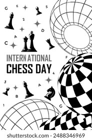 International Chess Day Poster Template using y2k elements, surreal geometric shapes, and Chess pieces, Knight, Queen, King and Pawn. Vector Illustration.