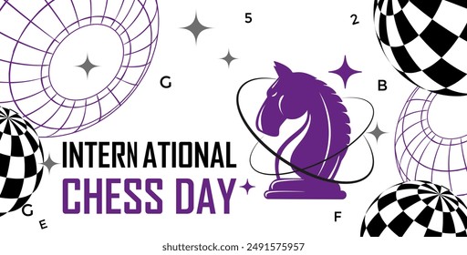 International Chess Day Poster Template using y2k elements, surreal geometric shapes, and Chess pieces, Knight, Queen, King and Pawn. Vector Illustration.