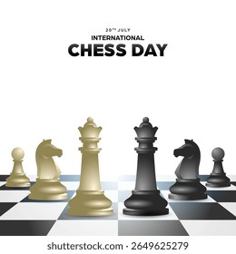 International chess day social media template background, square banner with realistic illustration of chess pieces in chessboard