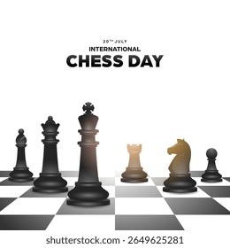 International chess day social media template background, square banner with realistic illustration of chess pieces in chessboard