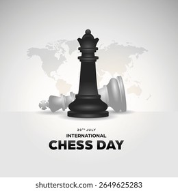 International chess day social media template background, square banner with realistic illustration of black queen defeat the white king chess pieces and world map