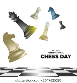 International chess day social media template background, square banner with realistic illustration of scattered chess pieces in chessboard
