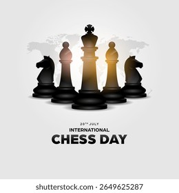 International chess day social media template background, square banner with realistic illustration of king, bishop and knight chess pieces and world map