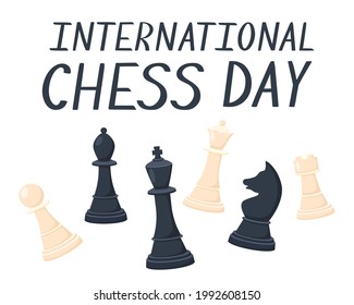 International Chess Day vector illustration. Banner in cartoon style. Chess pieces isolated on white background
