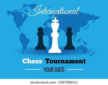 International Chess Tournament Poster with World Map. Intellectual games and leisure activity concept vector art