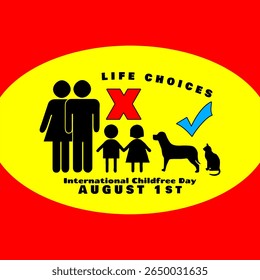 Dia Internacional das Crianças Livres para comemorar em 1º de agosto Ilustração de um casal que prefere manter animais de estimação em vez de ter filhos.