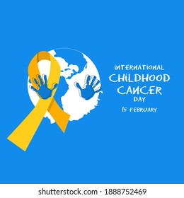 International Childhood cancer day 15 february. Handprints like hope symbol.Help and support. Oncology disease and treatment.Medical poster.Yellow ribbon on planet Earth.Congenital illness.Vector