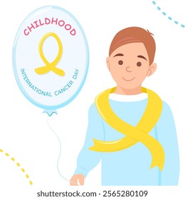 International childhood cancer day banner with cute boy wearing yellow cancer ribbon and holding balloon. Awareness, support, solidarity concept. Card, background, poster, web. Vector illustration.