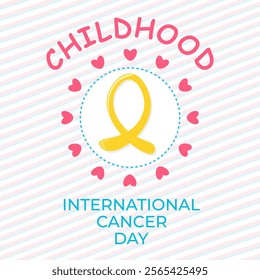 International childhood cancer day banner, card with yellow cancer ribbon. Awareness, support, care concept. Vector illustration.