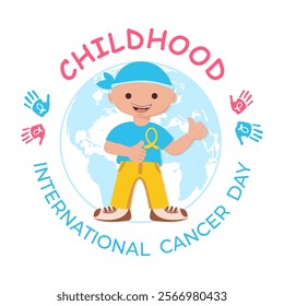 International childhood cancer day banner, card with cute and happy boy wearing yellow cancer ribbon. Awareness, solidarity, support concept. Social media post, background, template. Vector.