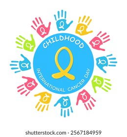 International childhood cancer day card, banner with yellow cancer ribbon and children's hands. Awareness, support, togetherness, solidarity concept. Social media post, background. Vector illustration