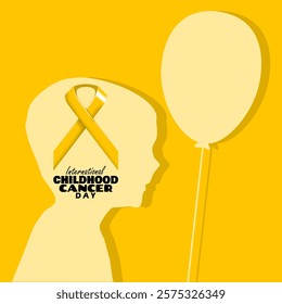 International Childhood Cancer Day to celebrate on February 15th. Yellow campaign ribbon with illustration of a child with balloons on yellow background. Health event banner.