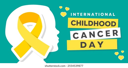 International Childhood Cancer Day. Child, ribbon and heart. Great for cards, banners, posters, social media and more. Green background.  