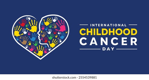 International Childhood Cancer Day. Child, heart and hand. Great for cards, banners, posters, social media and more. Dark blue background.  