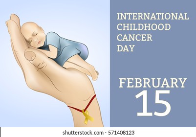 International Childhood cancer day concept. The hand symbolizes help and support to sick children. Child oncology disease. February 15