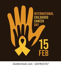 International Childhood Cancer Day. February 15. Caring sign with yellow ribbon. Black background. Poster, banner, card, background. Eps 10.