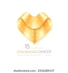 International Childhood Cancer Day, February 15. 3D model of a ribbon in the shape of a golden heart with toys