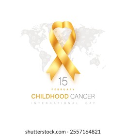 International Childhood Cancer Day, February 15. A gold ribbon over a gray world map with toys