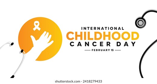 International Childhood Cancer Day (ICCD) is celebrated annually on February 15th. Hand, stethoscope and ribbon. White background. Suitable for banners, posters, cards and more.