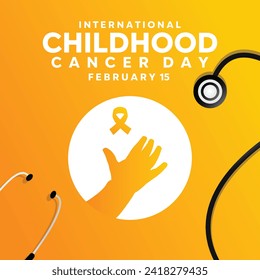 International Childhood Cancer Day (ICCD) is celebrated annually on February 15th. Hand, stethoscope and ribbon. Suitable for banners, posters, cards and more.