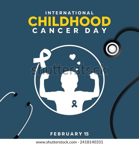 International Childhood Cancer Day (ICCD) is celebrated annually on February 15th. Excited kid , ribbon, heart and stethoscope. Suitable for banners, posters, cards and more.