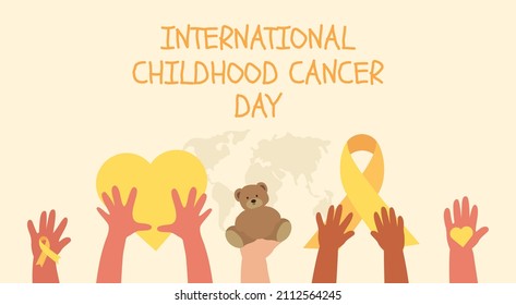 International Childhood Cancer Day. Kids hands raised up. Yellow ribbon. Vector