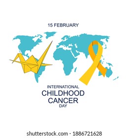 International Childhood cancer day. Origami crane bird is hope symbol.World map background. Help and support concept. Oncology disease and treatment. Yellow awareness ribbon. Vector medical poster