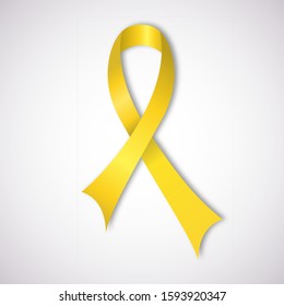 International childhood cancer day. Poster with yellow ribbon. Medical banner. International health campaign. World childhood cancer symbol. Medical treatment. Global concept. Hope emblem. Health care