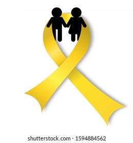 International childhood cancer day. Poster with yellow ribbon. Medical banner. International health campaign. World childhood cancer symbol. Medical treatment. Global concept. Hope emblem. Health care