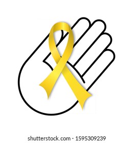 International childhood cancer day. Poster with yellow ribbon. Medical banner. International health campaign. World childhood cancer symbol. Medical treatment. Global concept. Hope emblem. Health care