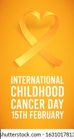 International childhood cancer symbol on 15th of february, vector illustration. Background with realistic gold ribbon. Template poster for cancer awareness month in september.