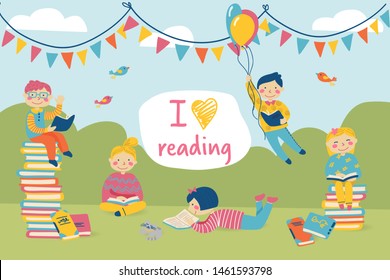 International Children Book Day. Boy And Girls Read Books. I Love Reading. Space For Text. Concept, Banner, Background. Vector Illustration In Cartoon Style