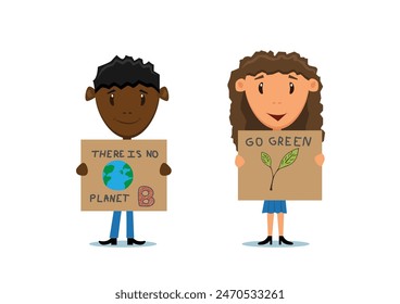 International Children Couple Climate Change Campaign Posters. Care for nature and sustainable living concept