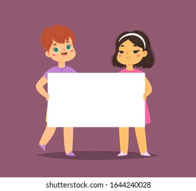 International children couple holding empty blank board. Cartoon pretty little kids boy and girl, templates ready for your message with space for text. Funny cartoon characters. Vector illustration