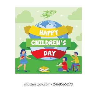 International children day. Boys and girls study together. Children Day concept. Flat vector illustration.