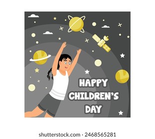 International children day. Girls dream of becoming astronauts. Children Day concept. Flat vector illustration.