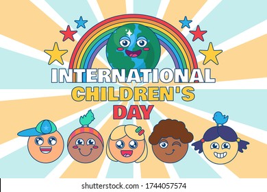 International children day holiday decoration or poster design with happy diverse kids faces. Global world event banner background. 1 june holiday festive concept. Flat vector illustration